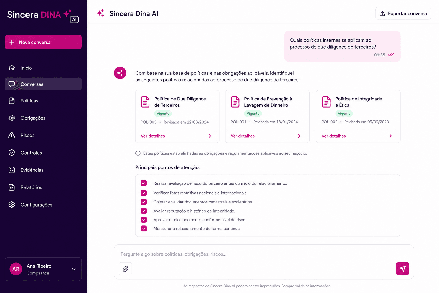 Dina, assistente de IA de compliance da Sincera