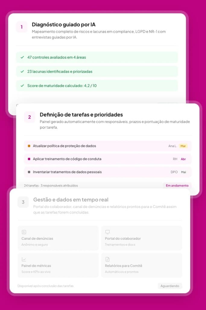 Fluxo da plataforma Sincera: diagnóstico, plano de ação e monitoramento